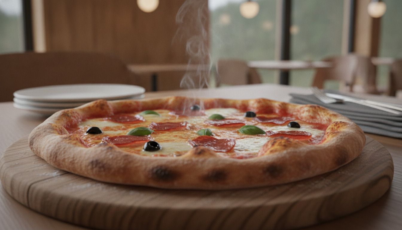 Friskbagt pizza med skinke, ost og oliven på træbræt med dampende ovn og udsigt.