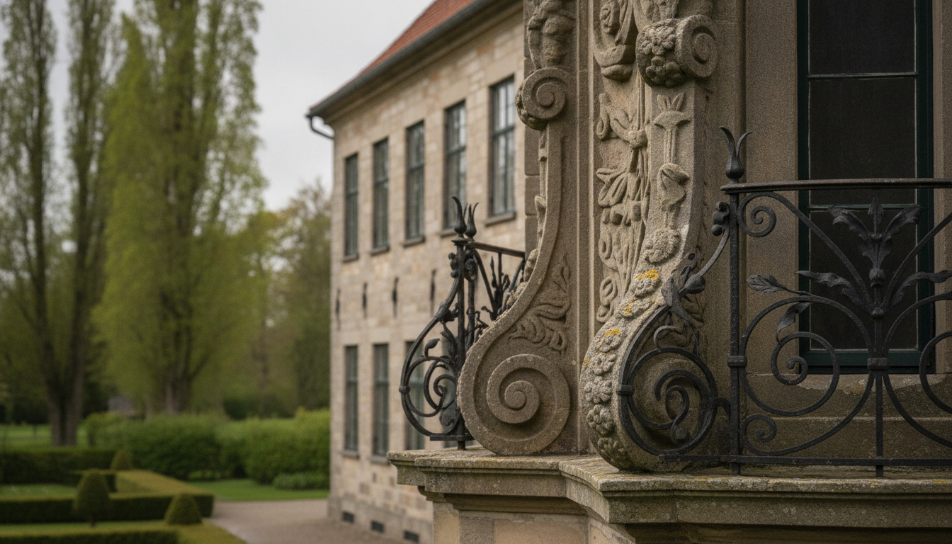 Detaljeret stencropbillede af udskåret stenkvindehoveder og snoet smedejerndekorationer på et historisk bygningsværk.