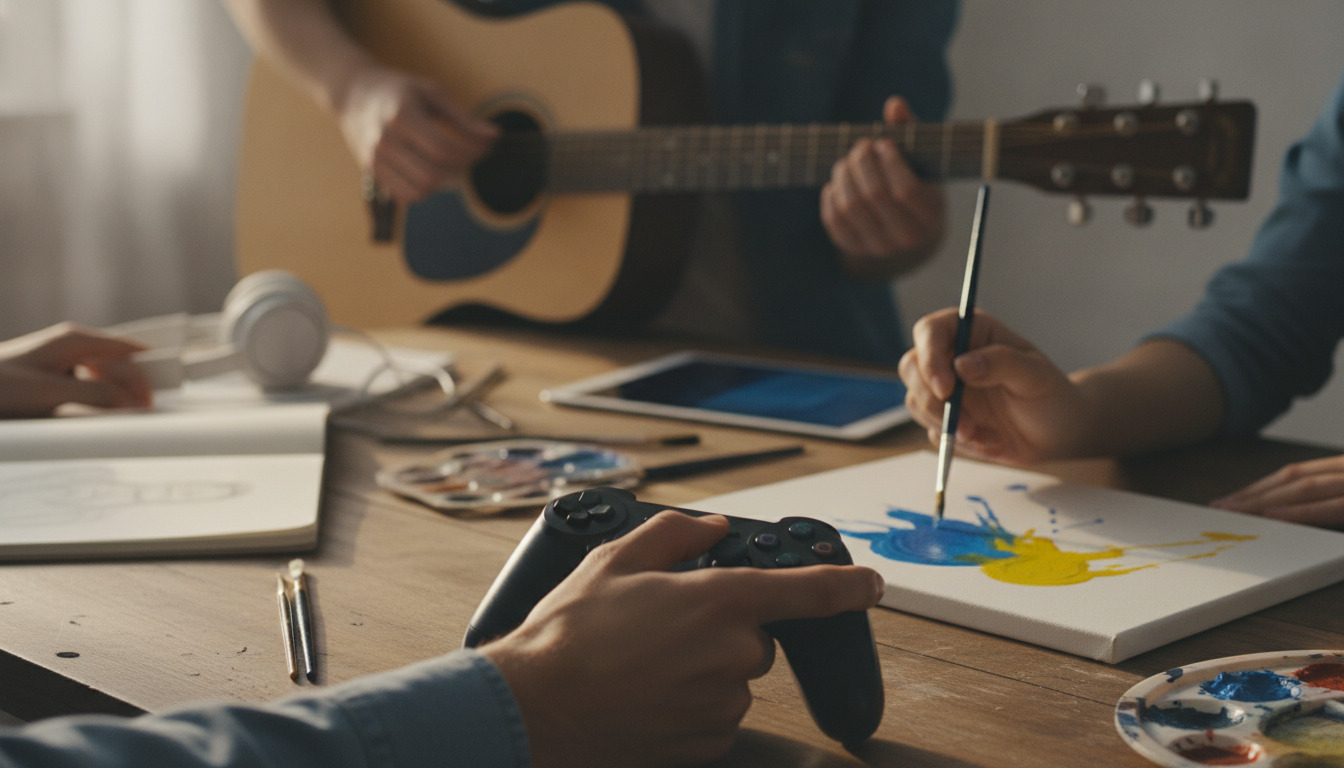 Hænder i kreativ aktivitet: én holder en controller, én maler, én spiller guitar ved træbord med lys.