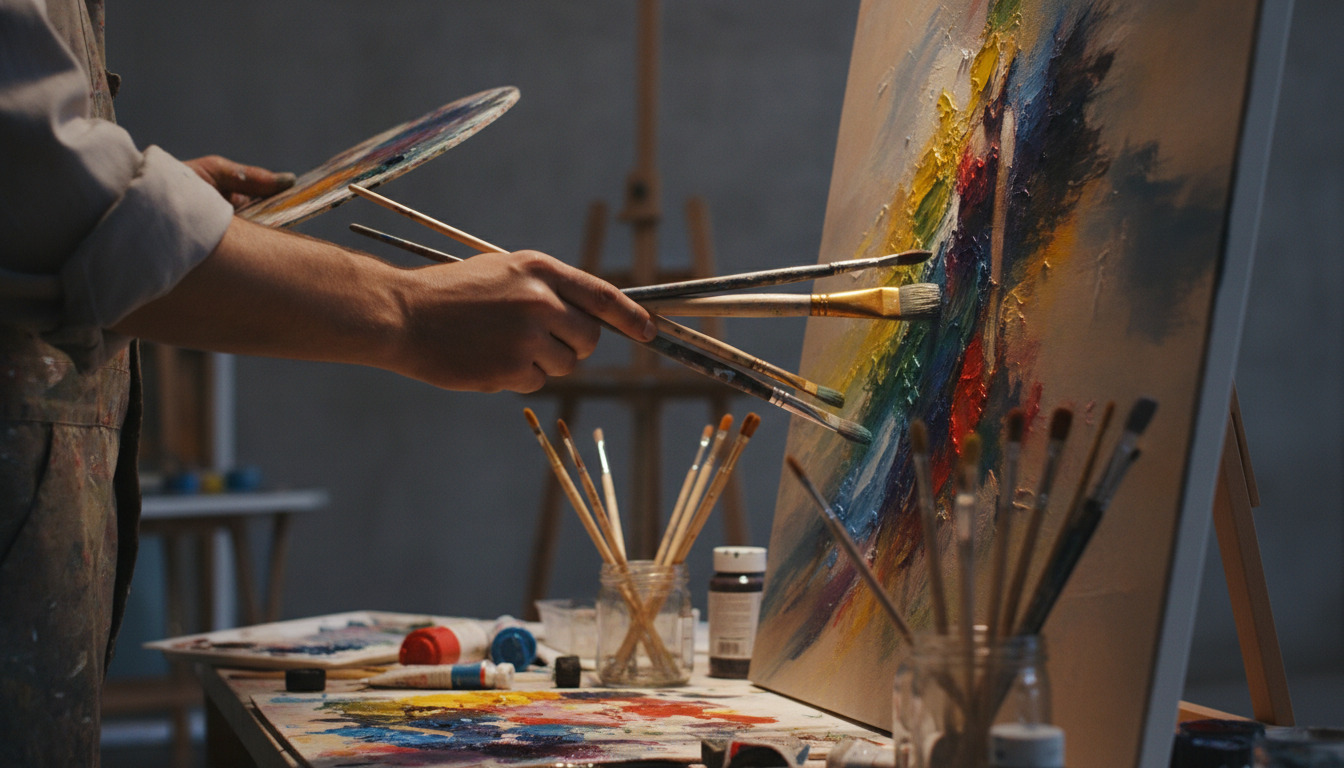 Kunstners hænder arbejder med pensel og paletkniv på farvefuldt lærred i kunstnerakademi-atelier.
