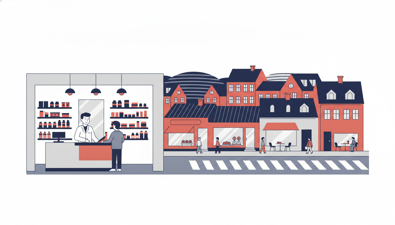 En apotek i Børkop med farmaceut bag disken omgivet af medicin-hylder, med kunde der køber medicin. Moderne og venlig atmosfære.