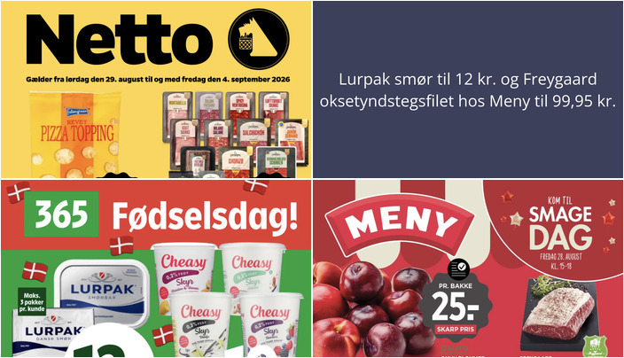 Lurpak smør til 12 kr. og Freygaard oksetyndstegsfilet hos Meny til 99,95 kr.