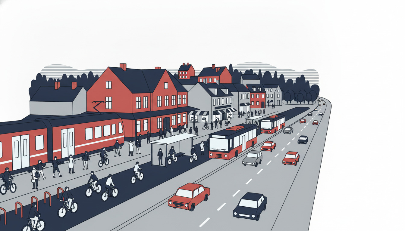 Svendborg transportkryds med regional tog på perronen, Fynbus-bus ved stoppested, cykelsti med cyklister, og biler på hovedvej med bygninger i baggrunden.