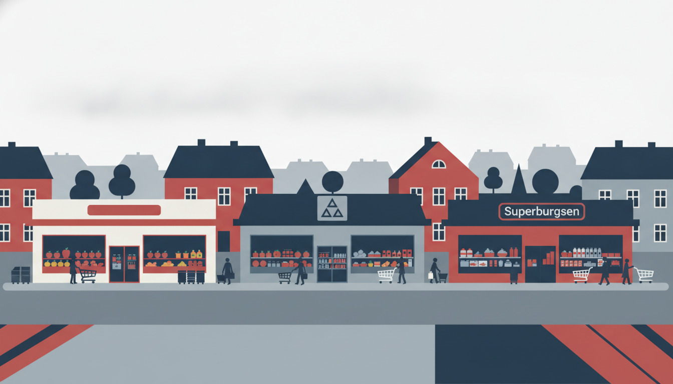 Solbjerg by-gade med tre dagligvareforretninger—discountsupermarked, Rema 1000 og Superbrugsen—som viser frugt og varer bag store vinduer, med kunder og indkøbsvogne, skandinaviske boligbygninger i baggrunden.