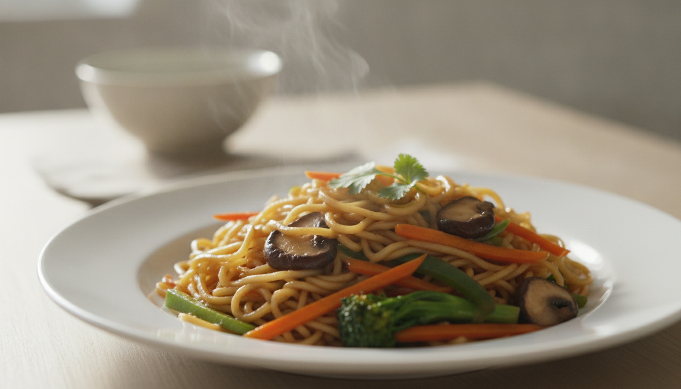 Nærbillede af asiatic stir-fried nudelret med grøntsager, svampe og koriander på hvid tallerken.