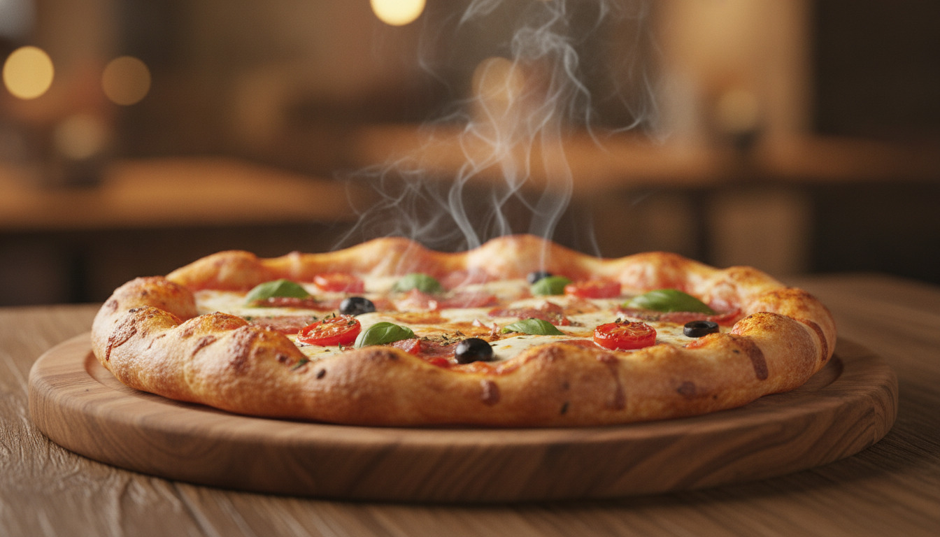 Frisk pizza med smeltende ost, tomatersauce og grøntsager på træ-serveringsplade.