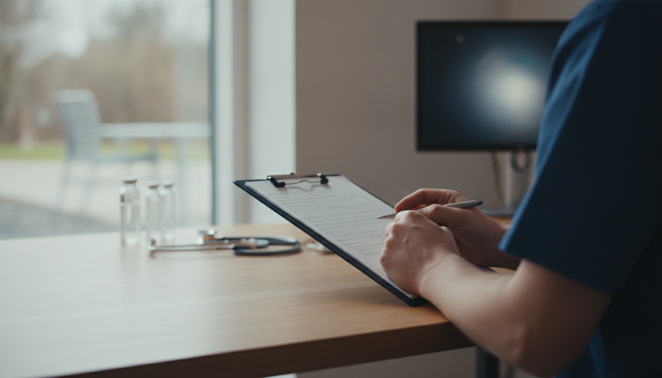 Læges hænder holder clipboard med notater ved skrivebord i konsultation, naturligt lys fra vindue.