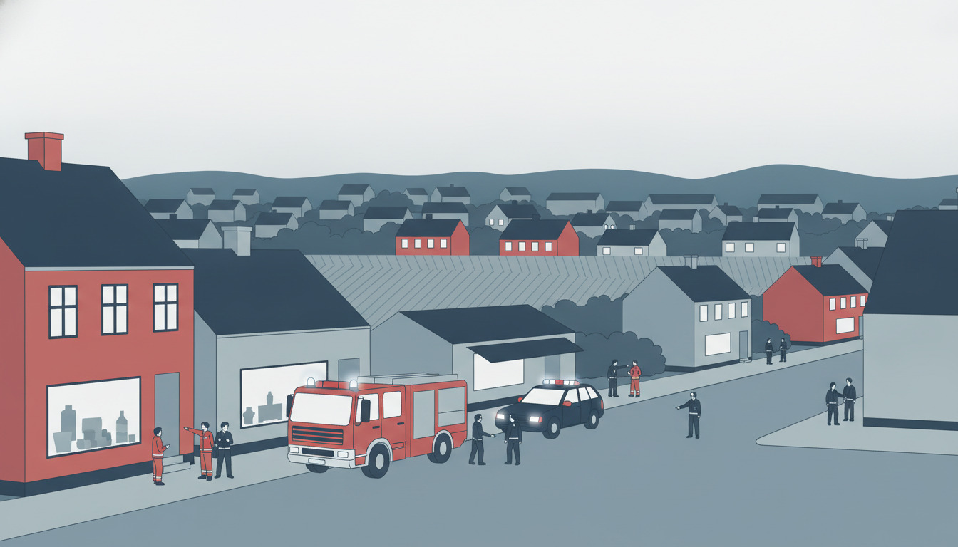 Fladt illustreret dansk bysce med rødt brandkøretøj og sort politibil parkeret på gade blandt typiske røde og grå huse, med brandmænd og politifolk i koordineret indsats, kolde nordiske farvetoner.