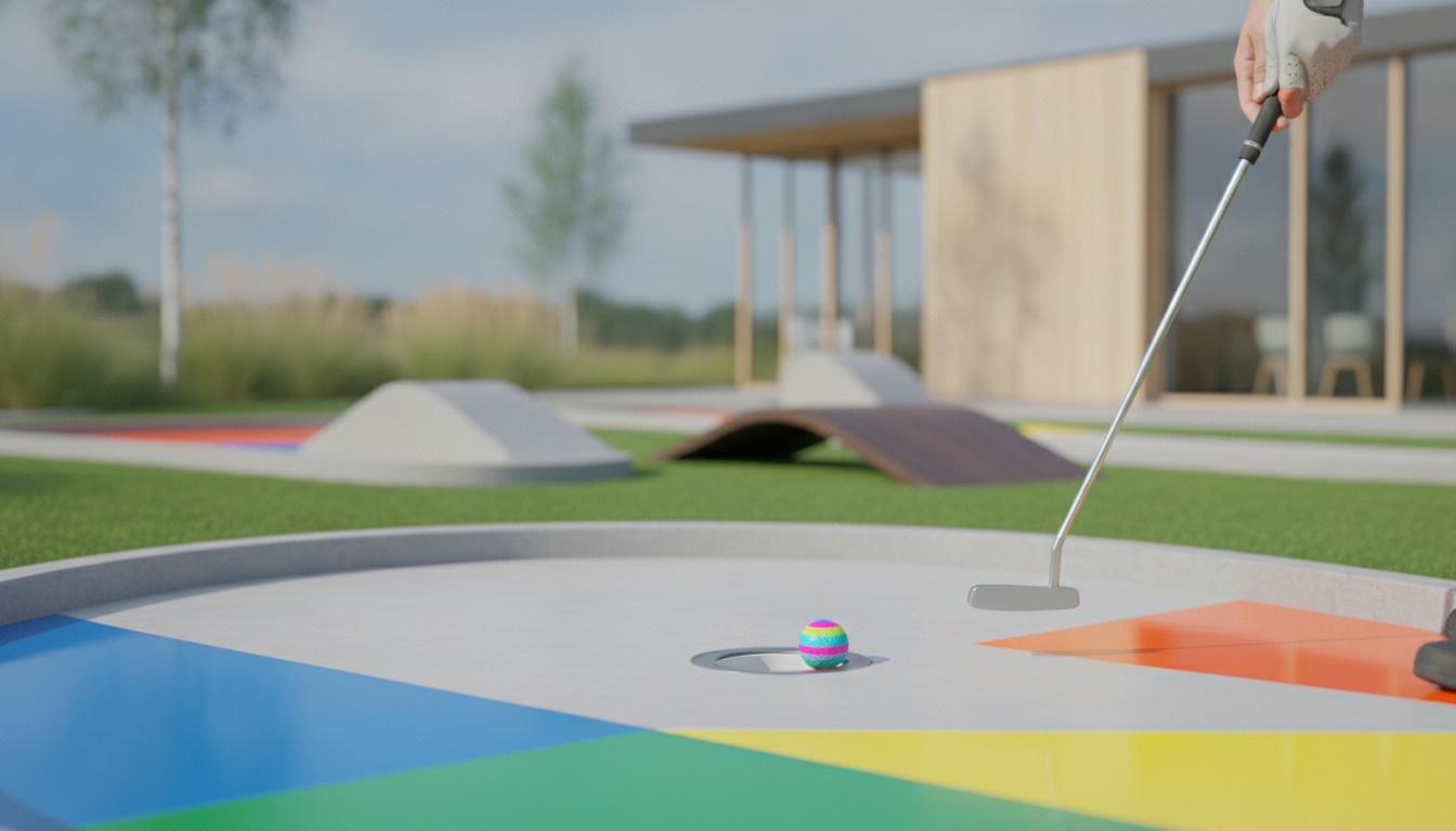 Nærbillede af farverig minigolfbold ved hul med putter klar til slag, anonym hånd synlig.
