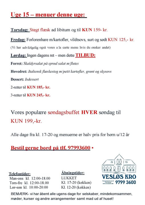 Vesløs Kro ændrer menuer: Stegt flæsk én gang månedligt og nye lørdagstilbud
