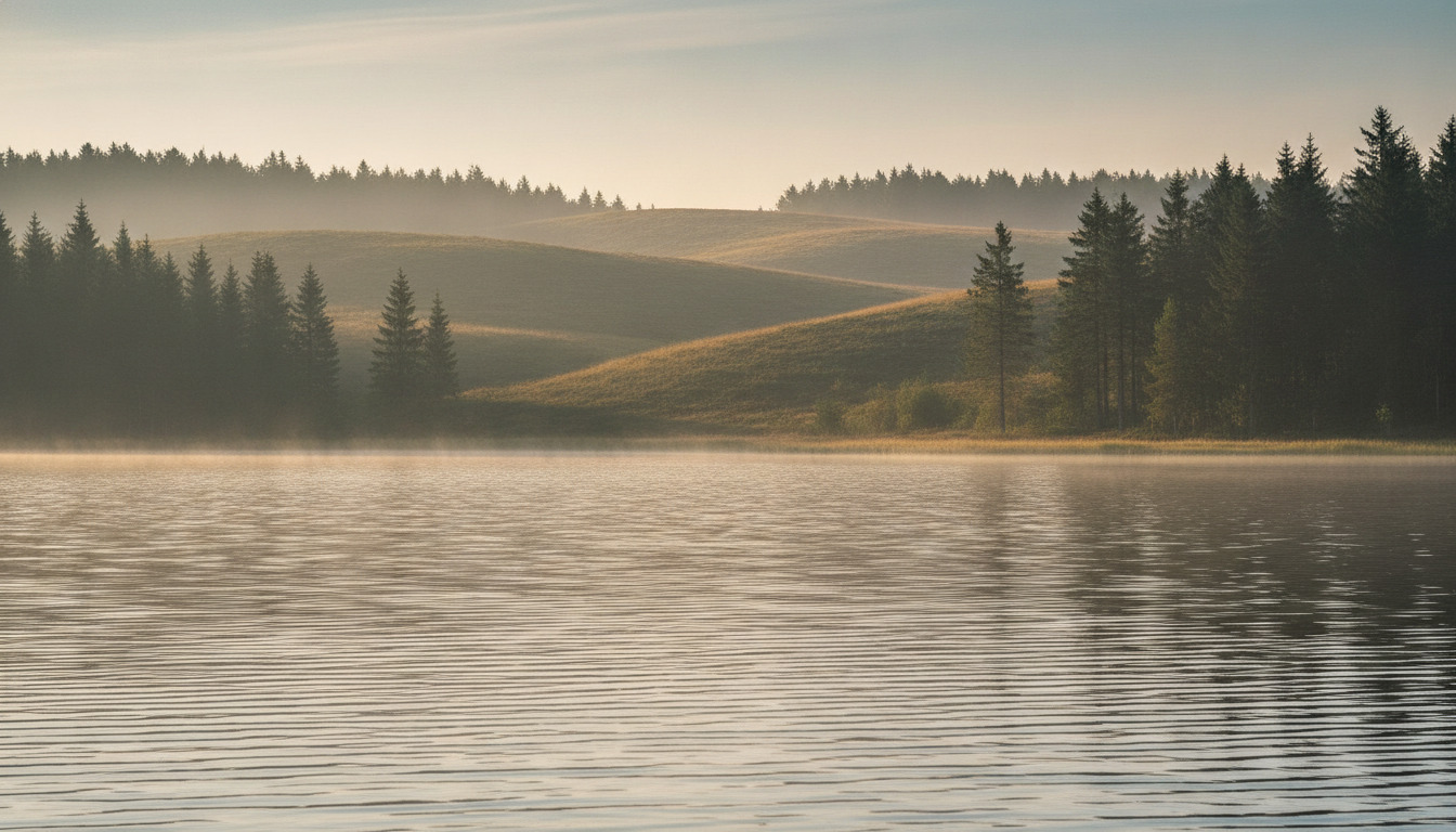 Stillestående sø omgivet af barskov og bakker i nordisk landskab med morgenlys og tåge.
