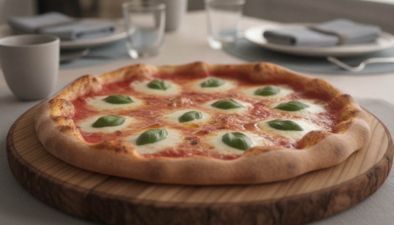 Friskbagt Margherita-pizza med mozzarella, basilikum og tomatensauce på træplade.
