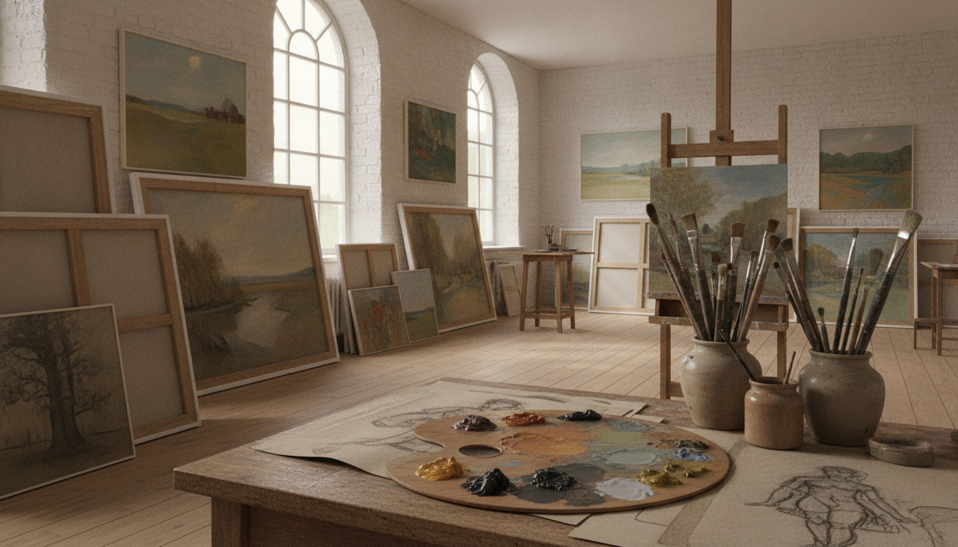 Kunstneratelier med malerier, staffelier, penselkrukker og kunstnerens arbejdsplads med pigmenter og skitser i varmt lys.