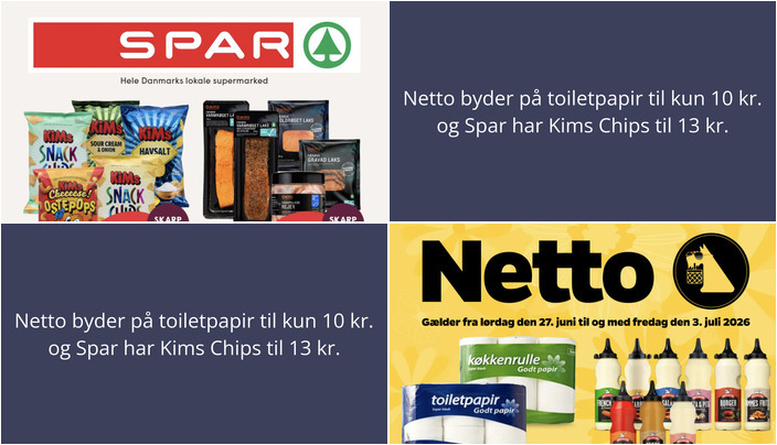 Netto byder på toiletpapir til kun 10 kr. og Spar har Kims Chips til 13 kr.