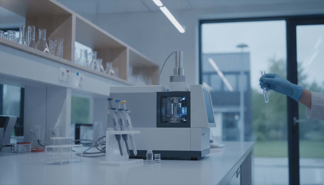 Gloved hånd håndterer pipette ved laboratorieinstrument på arbejdsbænk med prøveglas.