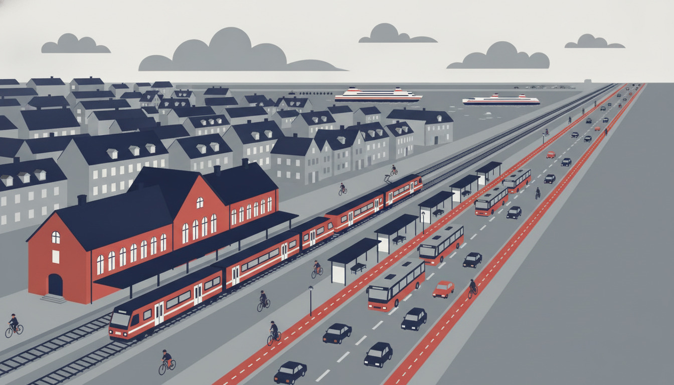 Frederikshavn transportknudepunkt: rødt banegård, tog på skinner, busser ved transitstation, cyklister på cykelstier, biler på rødt-markerede veje, færger i havn i det fjerne, motorvej der strækker sig til horisonten.