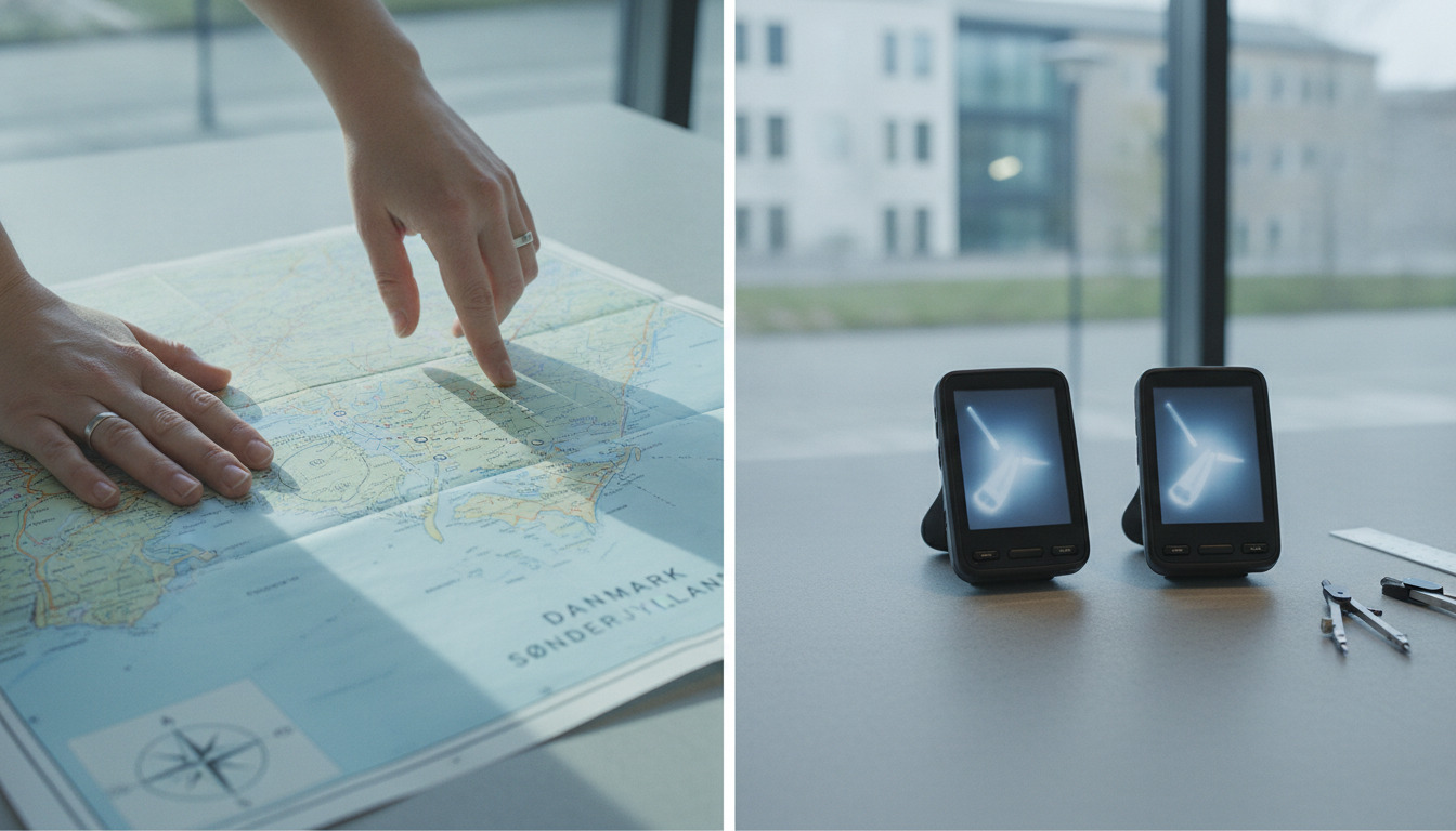 Tætning af hænder, der peges på kort og GPS-enheder på skrivebord ved dagslys.