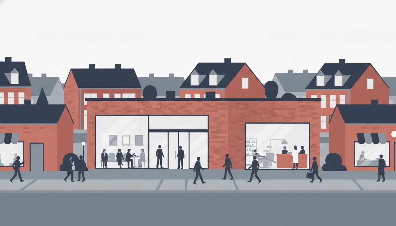 Moderne sundhedsklinik i dansk bymidte med røde murbygninger, store glasfacader viser patienter i venteværelse, lægekonsultation og apotek, omgivet af typiske danske beboelsesbygninger.