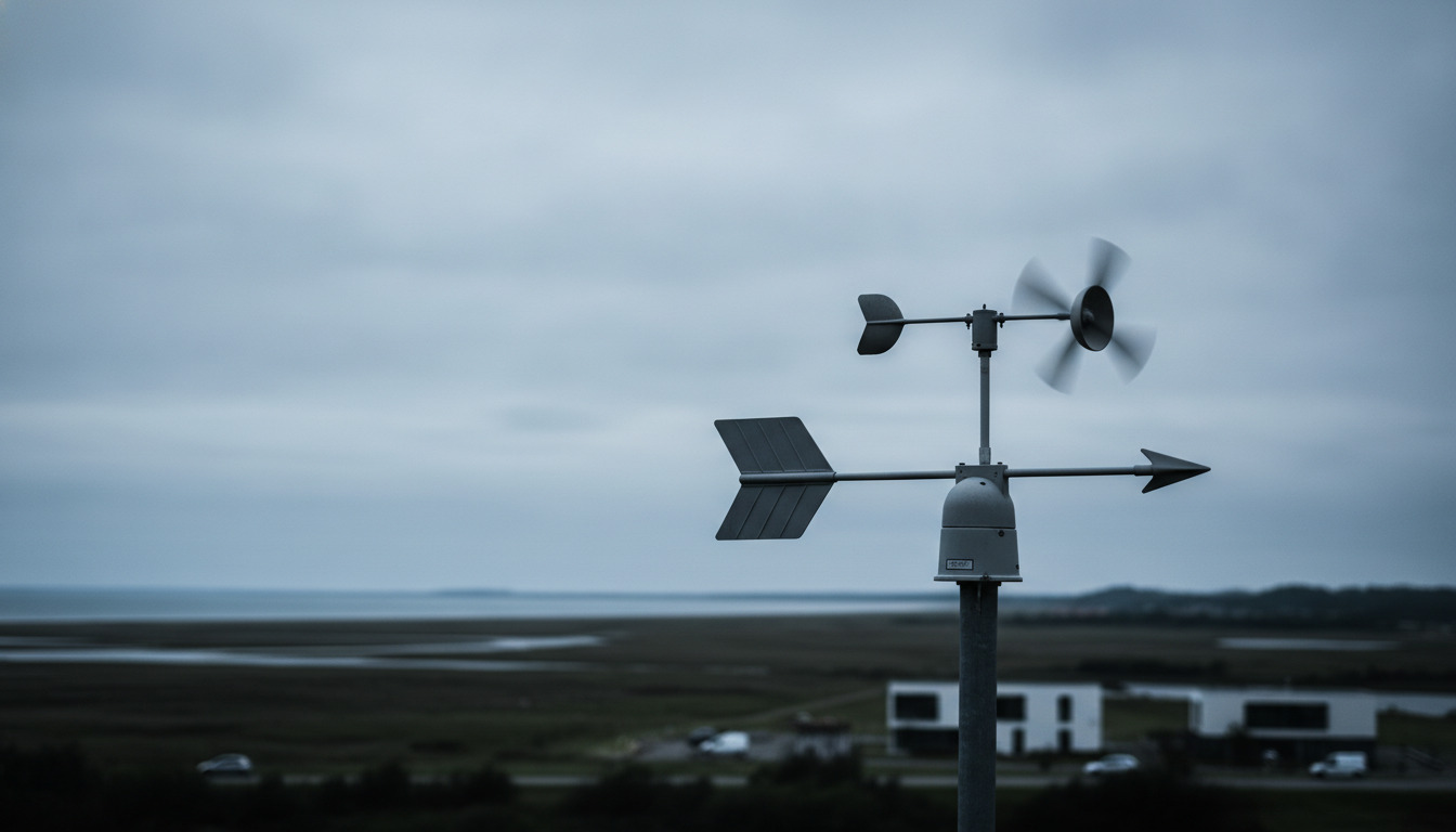 Tætbillede af vejrstation med vindmåler og vimpel mod grå himmel.