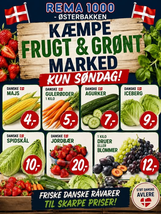 Rema 1000 Rosenkrantzgade holder frugt- og grøntmarked på Østerbakken søndag