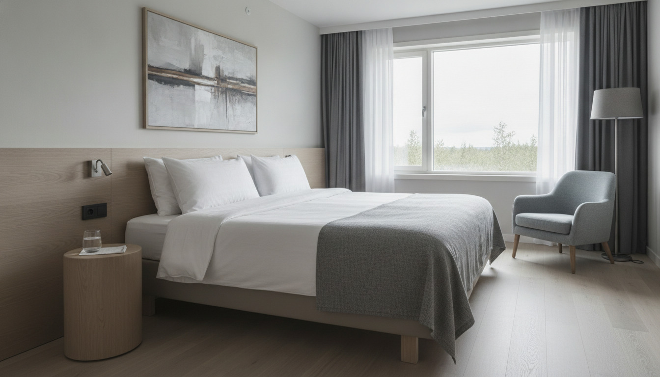 Nordisk hotelværelse med seng, træmøbler og minimalistisk design i grå og naturlige toner.