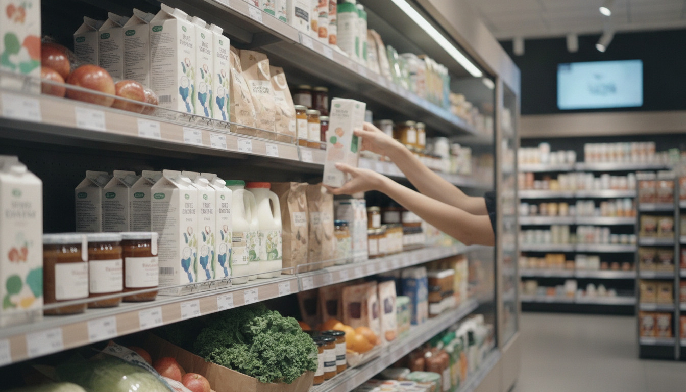 Hænder tager en vare fra hylder med dagligvarer og friske produkter i en butik.