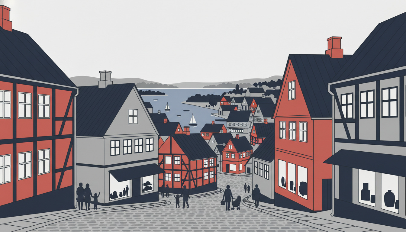 Ebeltofts charmerende historiske byplads med bindingsværkshuse med gavle i rødt og kremhvidt, brolagt gade, udsigt til havnen i det fjerne, mennesker der går omkring – indbydende bosætningskarakter.