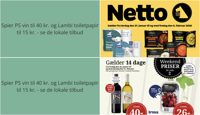 Spier PS vin til 40 kr. og Lambi toiletpapir til 15 kr. - se de lokale tilbud