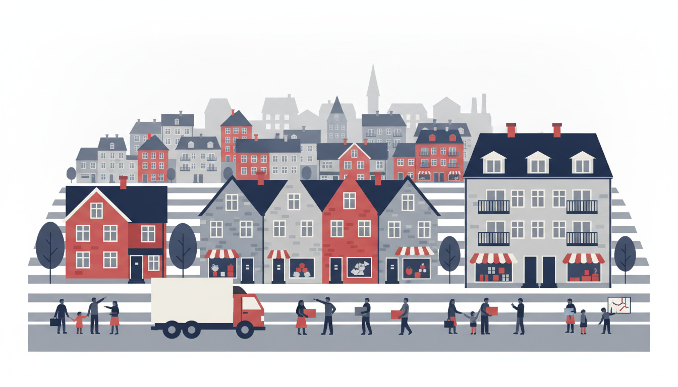 Farverig illustration af Randers boligkvarter med røde og grå huse, lejlighedsbygninger, butikker med markiser, træer, familier og flyttekasser på gaden.