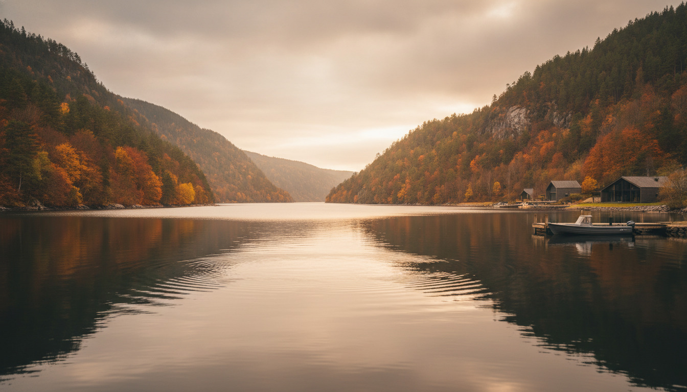 Stille fjordvand med bløde krusninger og himmelrefleksion i efterårslys.