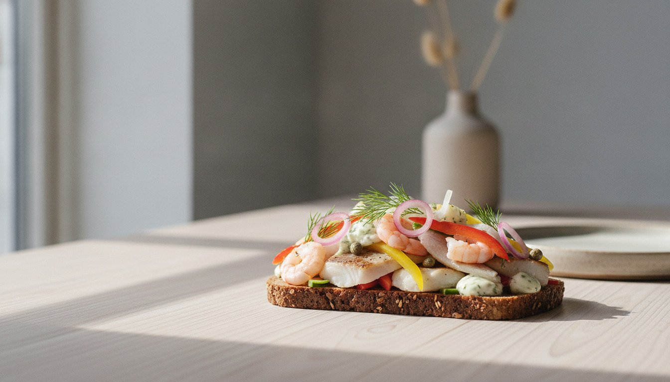 Tættest billede af traditionelt dansk smørrebrød på rugbrød med fisk, rejer og syltet grønt, dekoreret med dild og løgringer.
