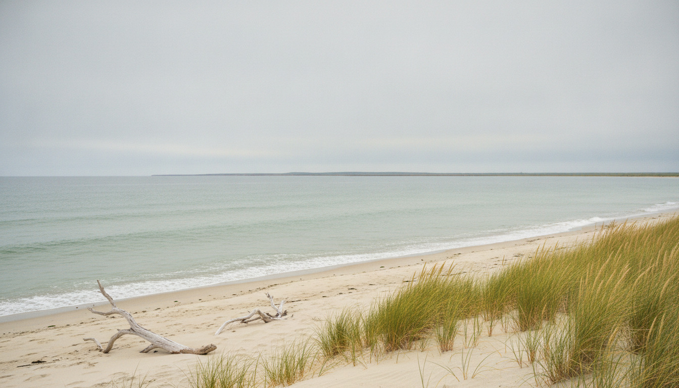 Strand med sand, strandgræs og drivtømmer ved roligt hav under grå himmel.