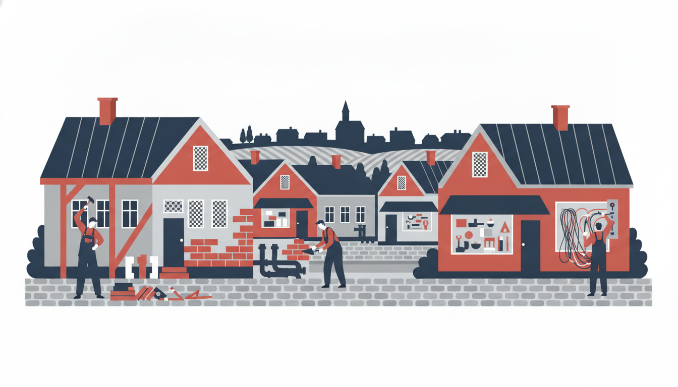 Flad vektor-illustration af danske håndværkere i arbejde: tømmermand med træ, murer der lægger mursten, VVS-mand med rør, elektriker med ledninger, værktøj og materialer synlige på tværs af en rød-og-grå byscene.