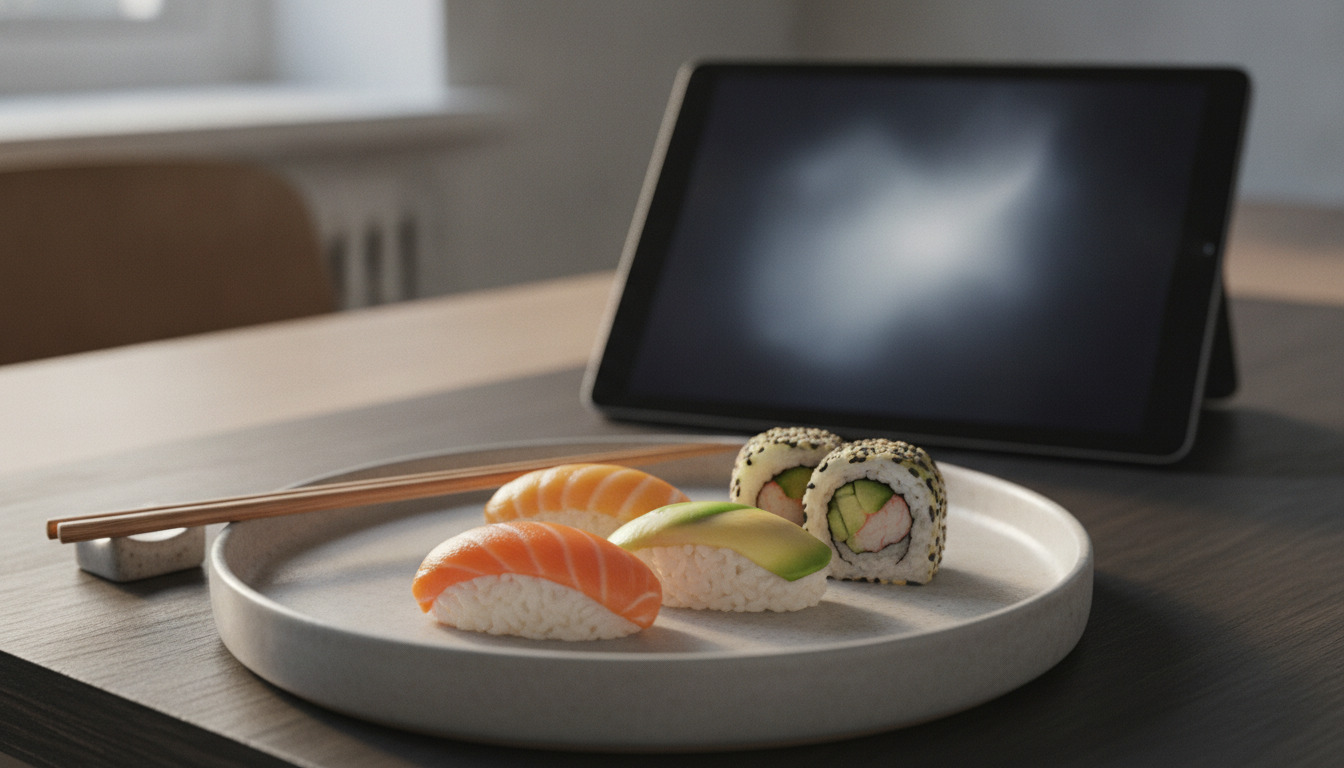 Tætere billede af elegantllt anrettet nigiri og maki-sushi på minimalistisk hvid keramik med træpinde.