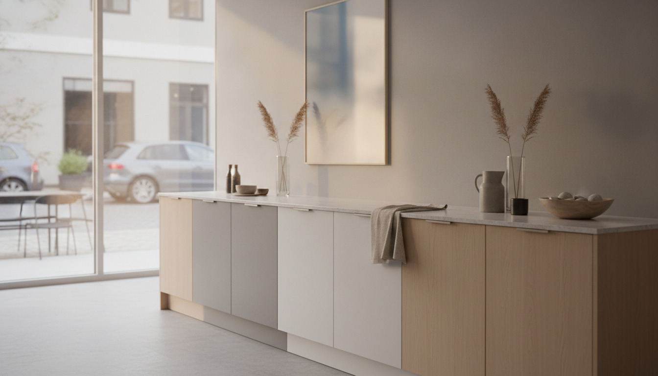 Detaljer af et moderne køkkenbordudstyr med minimalistische vaser, naturmaterialer og skandinavisk stildesign.