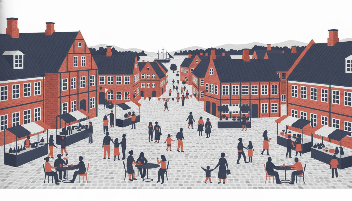 Ebeltoft byplads under en sommerfestival med røde mursten-townhouses, markedsstandere, flagguirlander, familier og et sejlskib synligt i havnen i baggrunden.