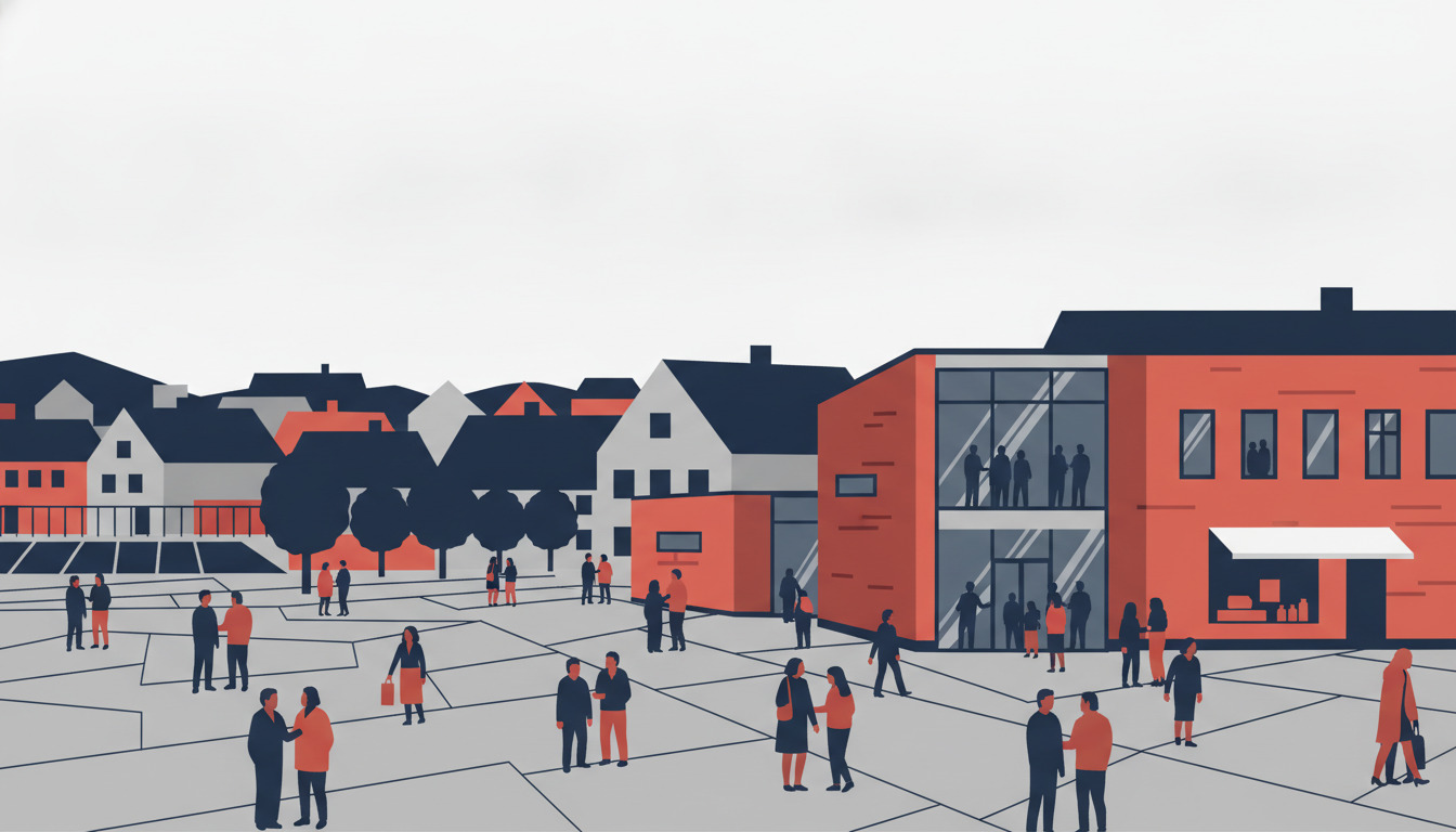 Flad vektorillustration af en livlig dansk byplads med moderne rødt kulturelt center med store vinduer, omgivet af traditionelle huse og mange figurer i orange og mørkt tøj, der socialiserer på pladsen.