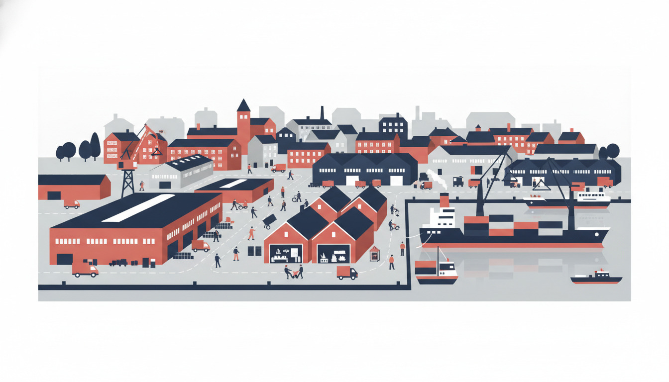 Flad vektorillustration af Fredericias industrielle havnedistrik med lastcontainere, lagerbygninger, fragtskibe, arbejdere, leveringskøretøjer og logistikfaciliteter, der repræsenterer byens kommercielle arv.