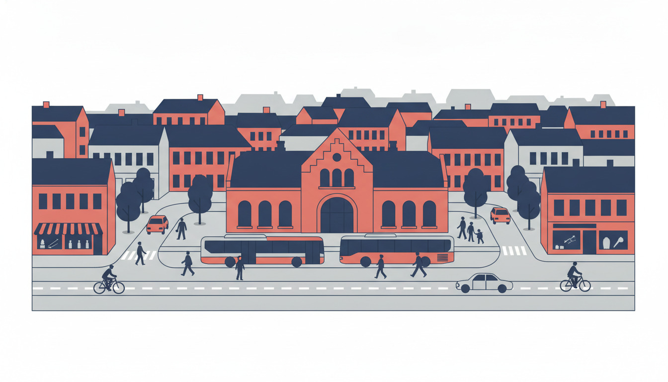 Fåborg byplads med en historisk rødbygning fra jernbanestationen (1882), der nu fungerer som busstation, omgivet af butikker, træer, cyklister, fodgængere, biler og busser i en travl bysce.