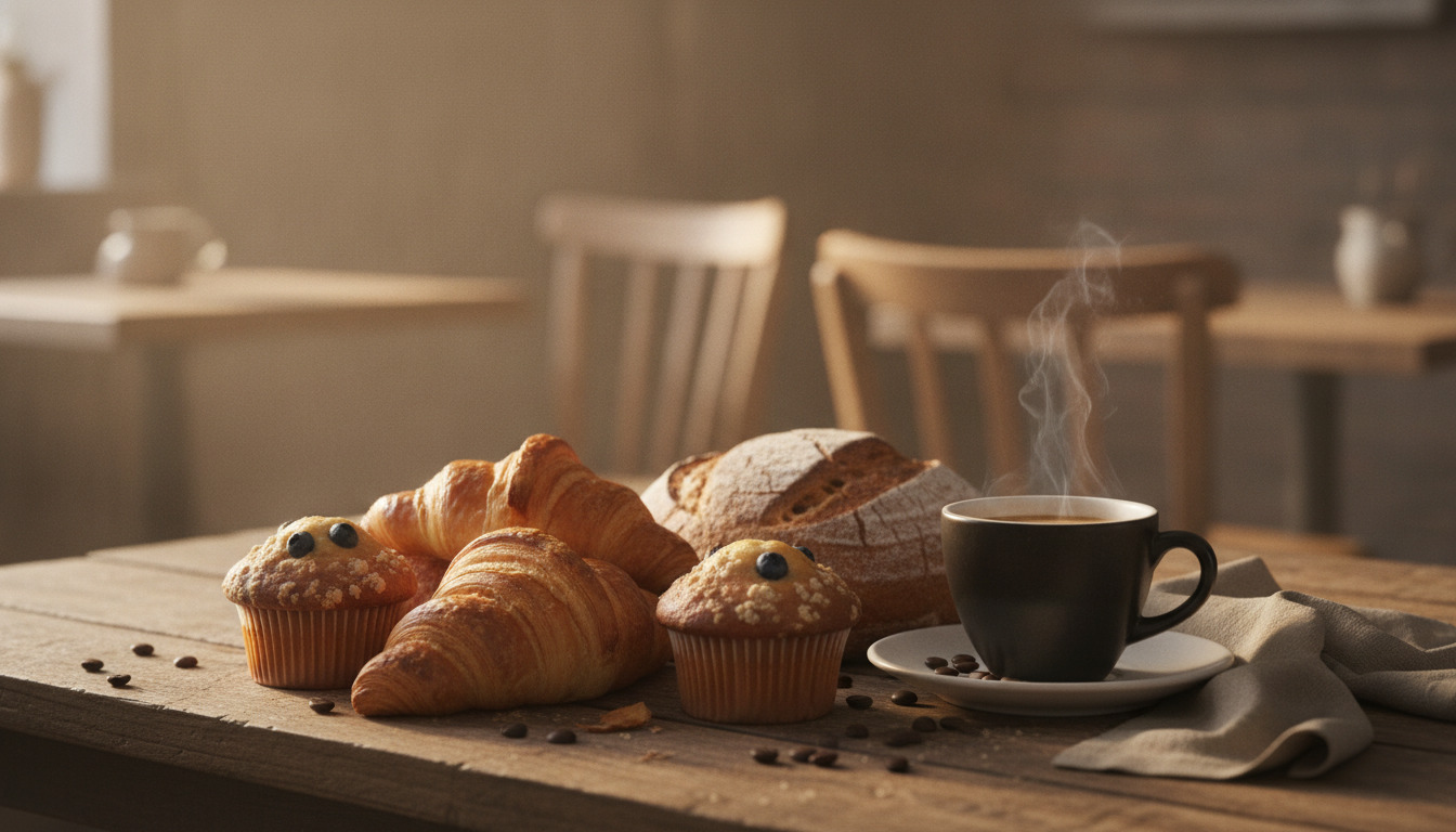 Nybagt bageri og brød på træbord med dampende kaffekop i varmt morgenlys.