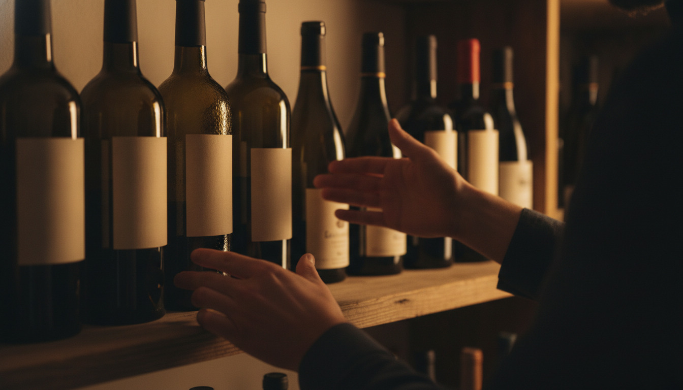 Tæt optagelse af hænder, der vælger blandt vin­flasker på et træbord under varmt lys.