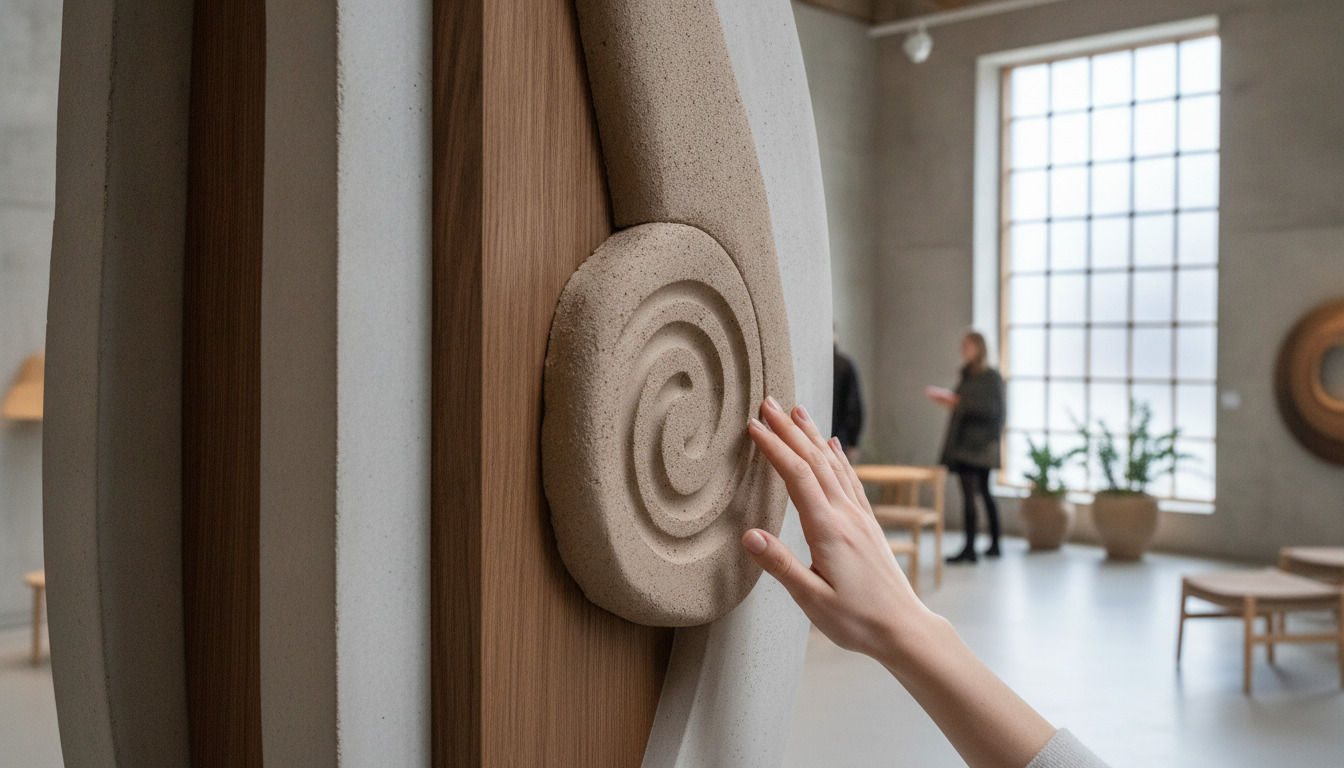 Besøgende rører ved en tekstureret kunstinstallation med spiral-reliefmotiv i et gallerimiljø.