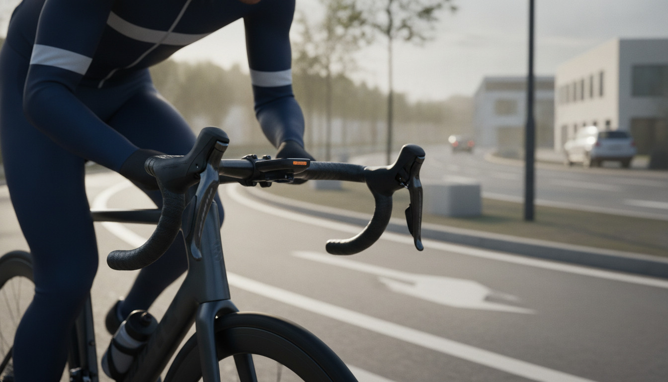 Nærbillede af cykelstyr og skifter på en racercykel, cyklist i aerodynamisk position, abstrakt sløret baggrund.
