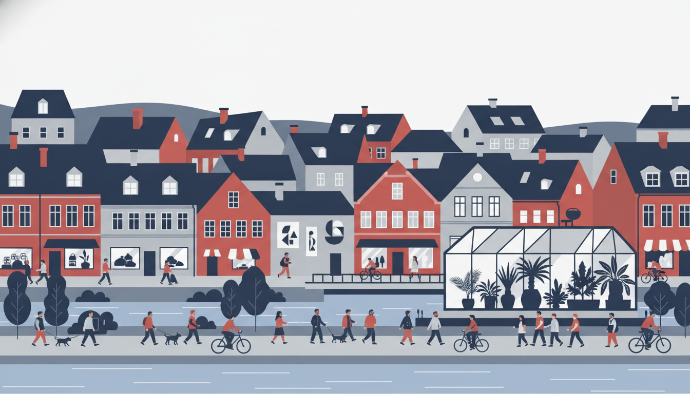 Levende fladvektorillustation af Randers flodbred-promenade med farvefyldte nordiske bygninger, en moderne glaspavillon fyldt med tropiske planter, mennesker, der går og cykler, kulturelle butiksfronter med kunstinstallationer og en livlig vandkantscene, der fejrer lokale aktiviteter og fritidsoplevelser.