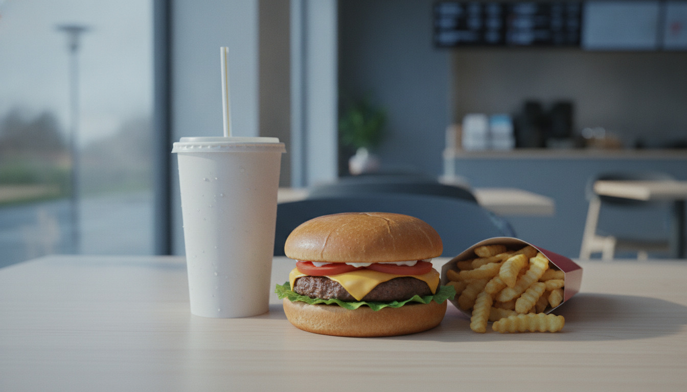 Hurtigmad-måltid med burger, pommes frites og drik på lysbordbund med skandinavisk naturlys.