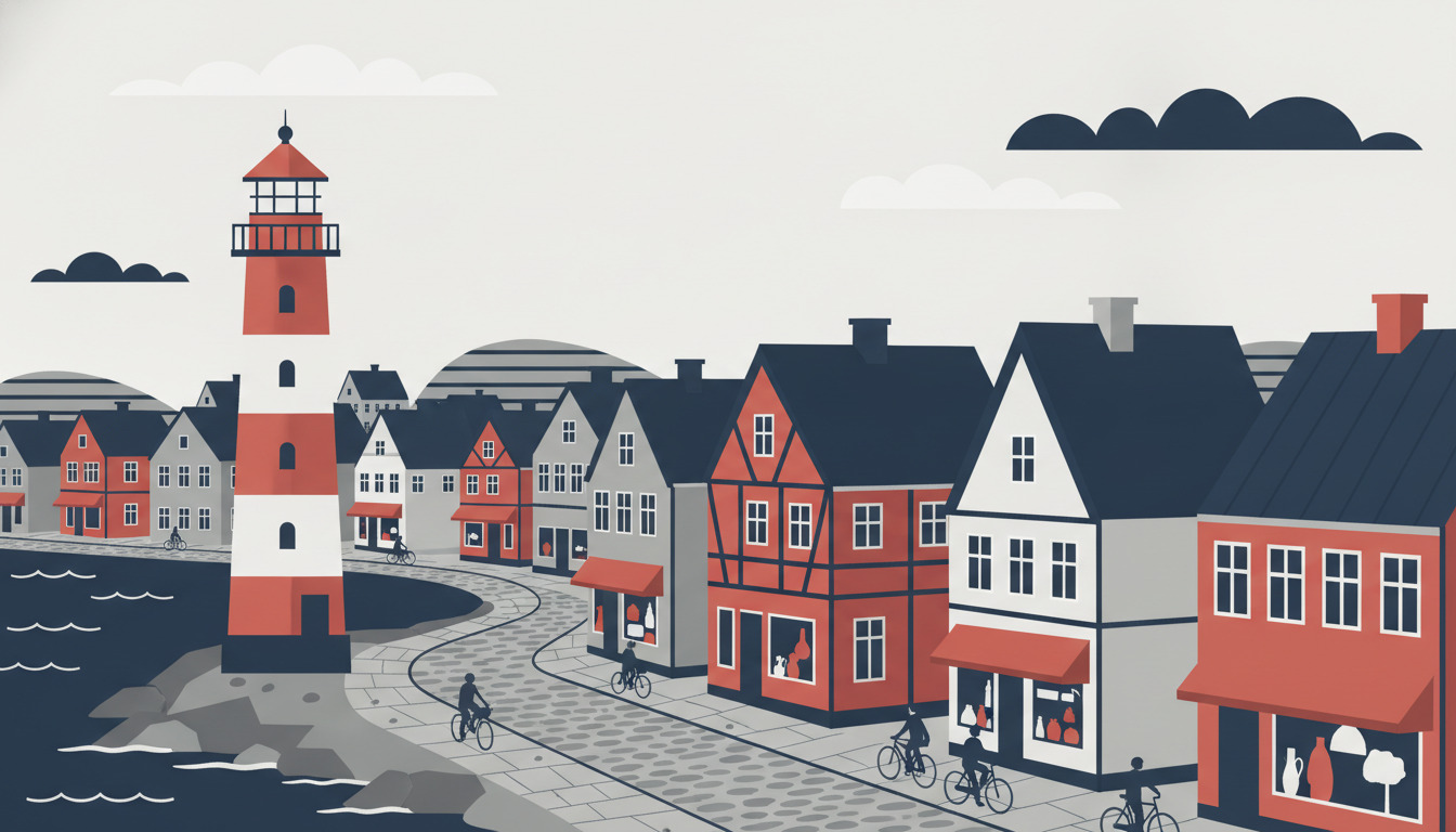 Charmerende flad-vektor-illustration af Ærøskøbings historiske centrum: et rødt-og-hvidt stribet fyrtårn rejser sig markant ved siden af farvefulde bindingsværksbygninger med pastelfarvede facader langs en kopstensbelagt gade, med cyklister og fodgængere i en kystmiljø.