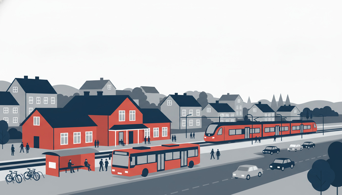 Byscene fra Galten med moderne regionaltogstation, ankommende tog, rød bus ved stoppested, cykler, parkerede biler og traditionelle skandinaviske boligbygninger under bleg himmel.