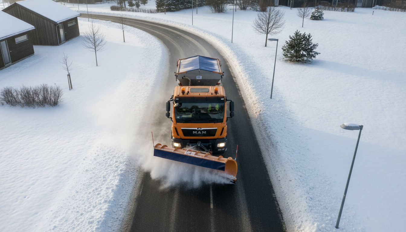 Sneplov kører på vintervej og rydder sne fra asfalten med plov og spreader.