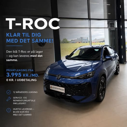 Autocentralen Viborg tilbyder ny Volkswagen T-Roc til privatleasing med 0 kr. i førstegangsydelse