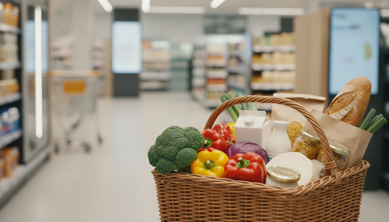 En kurv fyldt med friske grøntsager, brød og mejeriprodukter på tæt hold mod utydeligt baggrund.